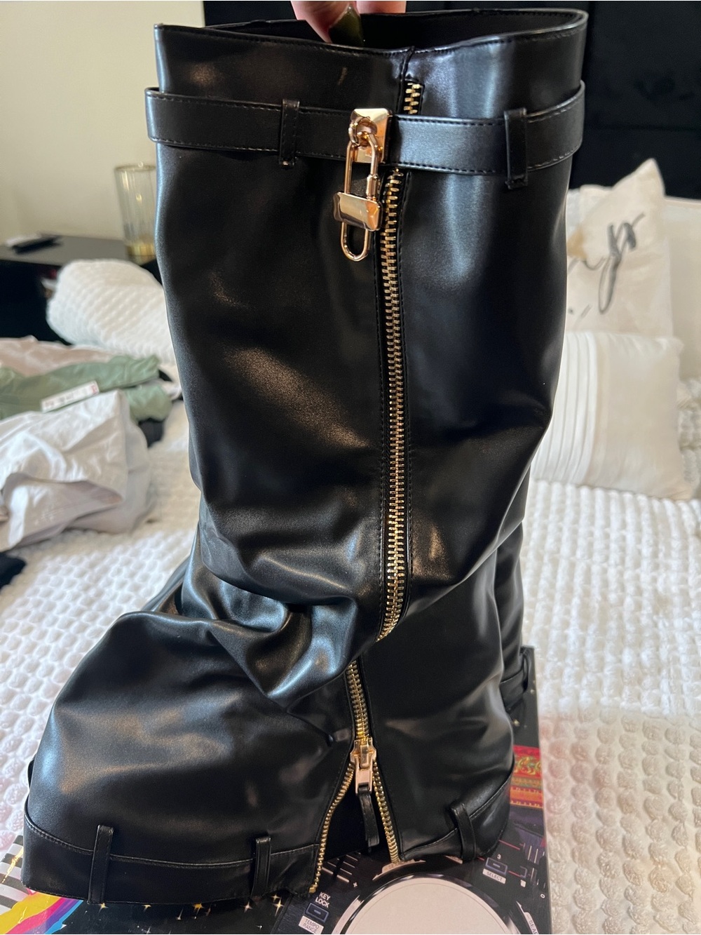 Cape Robbin Black Faux-Leather Mid-Calf Boots with Gold Hardware